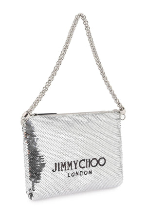 JIMMY CHOO Gray Sequin Shoulder Bag with Chain Handle and Logo Lettering