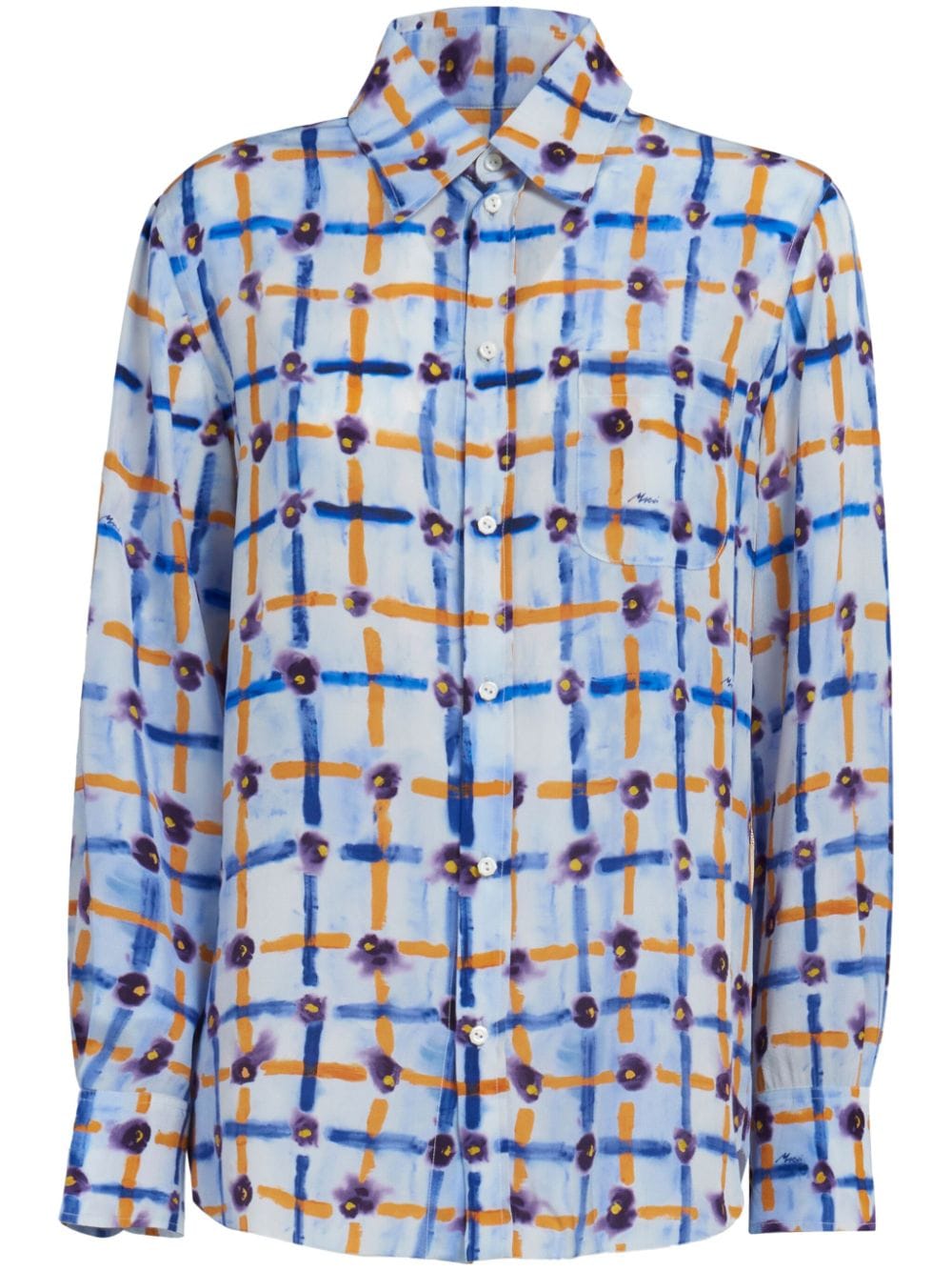 MARNI Unique Mix-Print Pointed Collar Silk Shirt