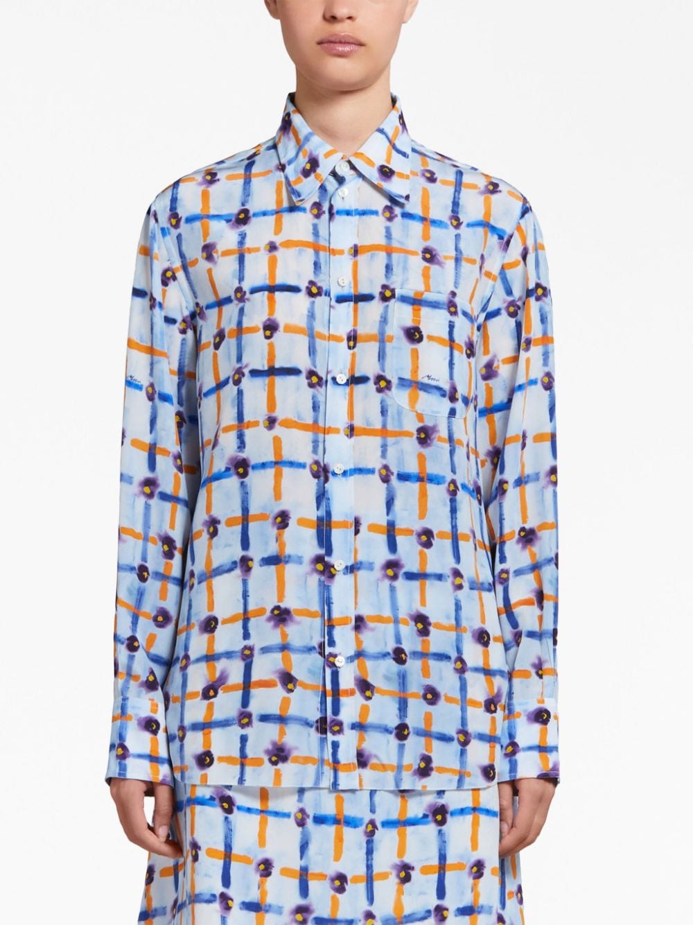 MARNI Unique Mix-Print Pointed Collar Silk Shirt