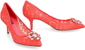 DOLCE & GABBANA Red Lace Pumps with Flower-Shaped Rhinestone Appliqué and Kitten Heels