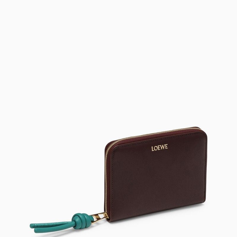 Burgundy Leather Compact Wallet with Emerald Knot Zip by LOEWE