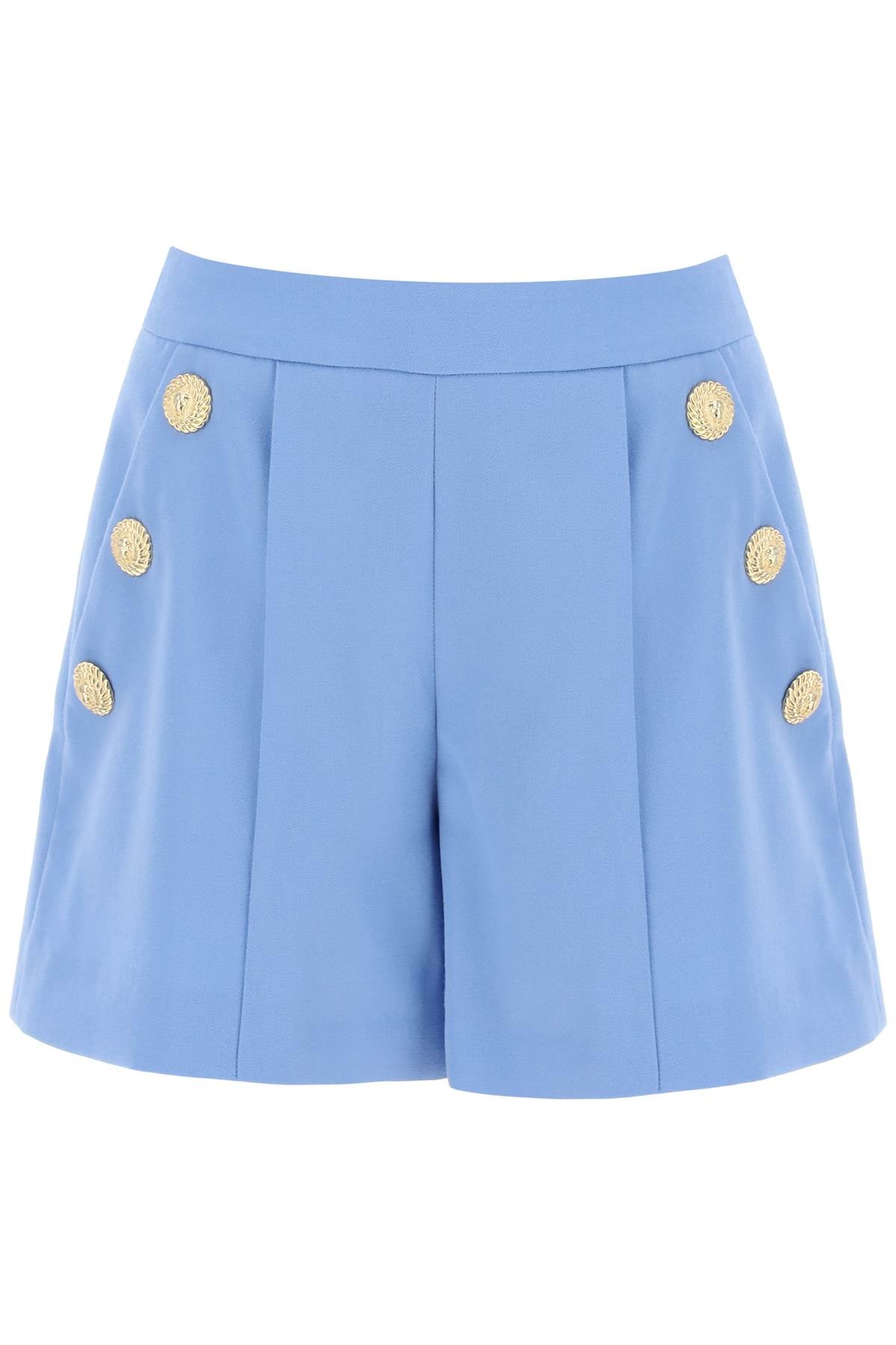 BALMAIN Embossed Button Virgin Wool Shorts - Women's High Waisted Flared Cut with Gold Lion Head Buttons in Light Blue