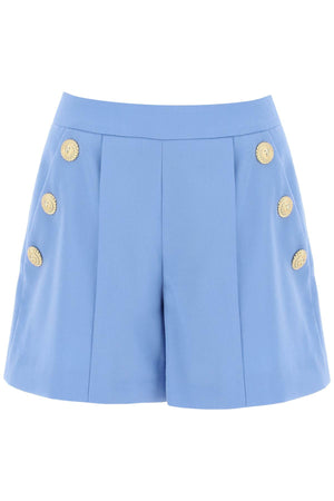 BALMAIN Embossed Button Virgin Wool Shorts - Women's High Waisted Flared Cut with Gold Lion Head Buttons in Light Blue