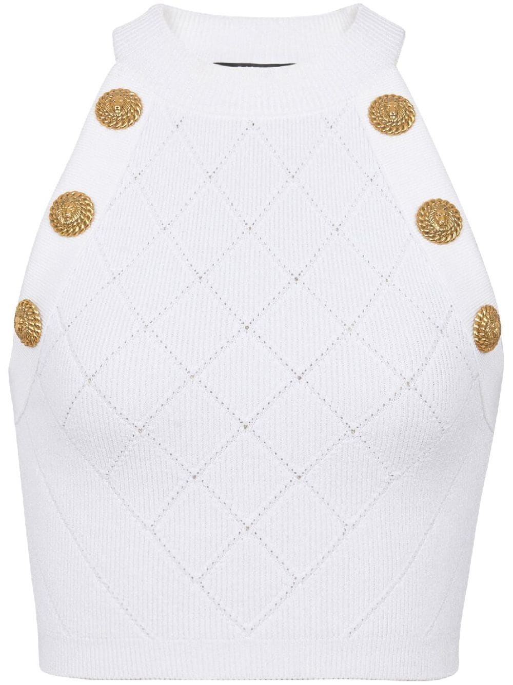 BALMAIN White Knit Crop Top with Gold Buttons and Sustainable Fabric - SS24