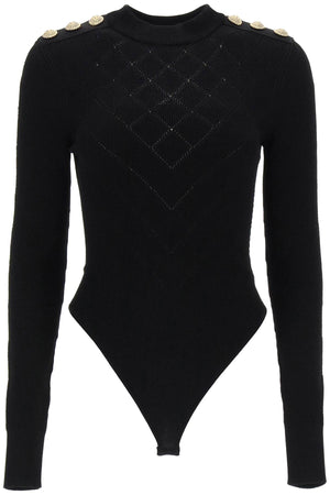 BALMAIN Classic Black Knit Bodysuit with Embossed Buttons for Women