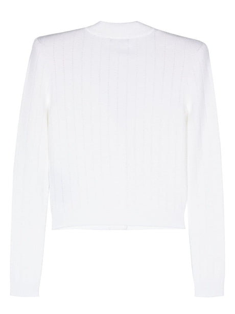 BALMAIN White Pointelle Knit V-Neck Cropped Cardigan for Women