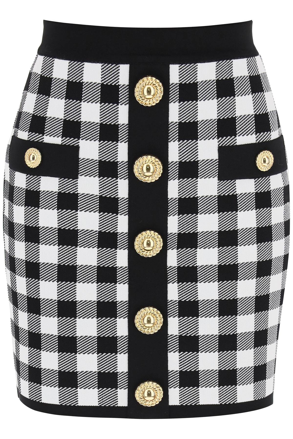 BALMAIN Gingham Knit Mini Skirt with Embossed Buttons - Women's Fashion Item