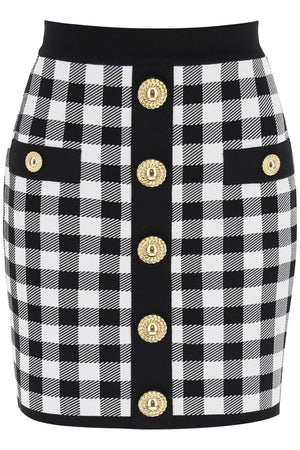 BALMAIN Gingham Knit Mini Skirt with Embossed Buttons - Women's Fashion Item