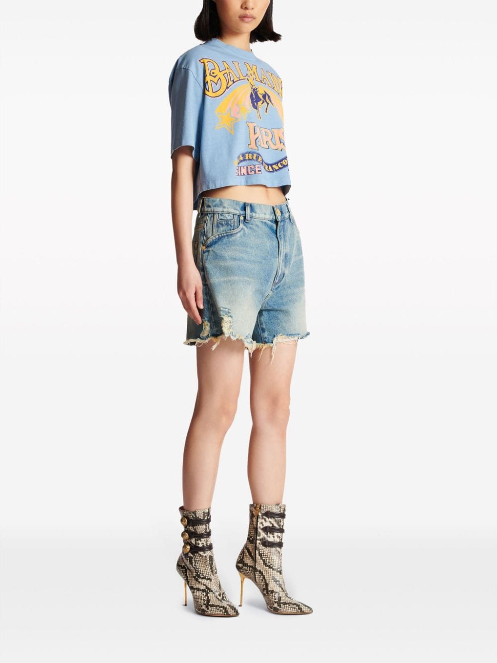 BALMAIN Distressed Denim Shorts - Vintage-Washed, Relaxed Fit, Embroidered Back