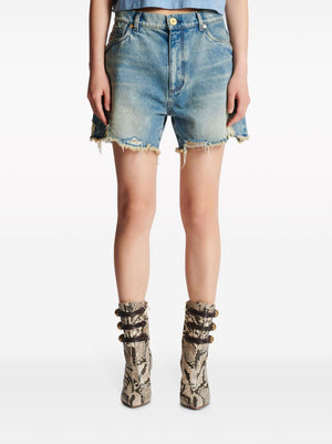 BALMAIN Distressed Denim Shorts - Vintage-Washed, Relaxed Fit, Embroidered Back