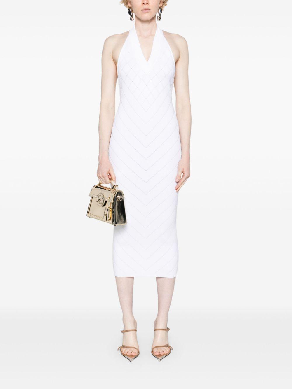 BALMAIN Elegant White Ribbed Midi Halter Dress