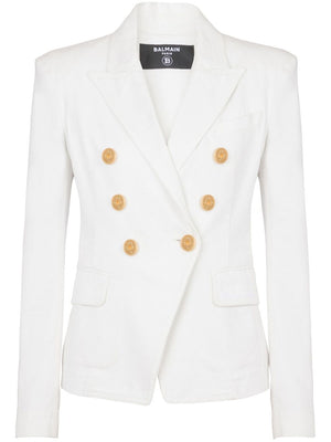 BALMAIN Classic Double-Breasted Cotton Blazer for Women in White