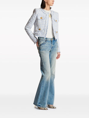 BALMAIN Baby Blue and White Gingham Tweed Jacket for Women