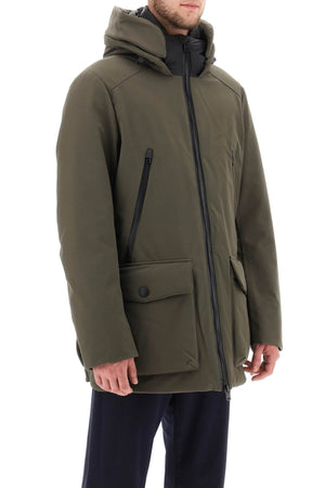 WOOLRICH Men's Green Padded Parka Jacket with Removable Hood and Adjustable Waistband in Soft Shell Fabric