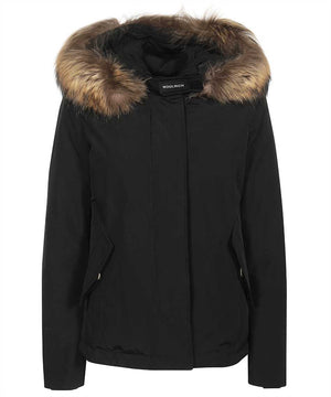 WOOLRICH Black Fur Hood Short Parka Jacket for Women - FW22
