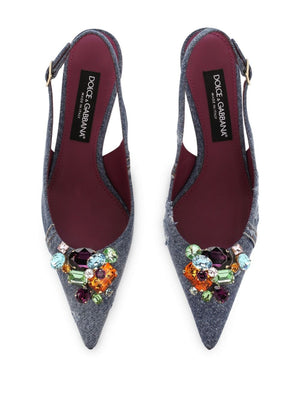 DOLCE & GABBANA Indigo Blue Crystal-Embellished Denim Slingback Pumps for Women