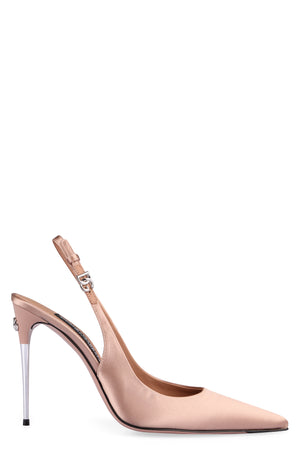 DOLCE & GABBANA Beige Satin Slingback Pumps with Metallic Effect Heel and Pointy Toe