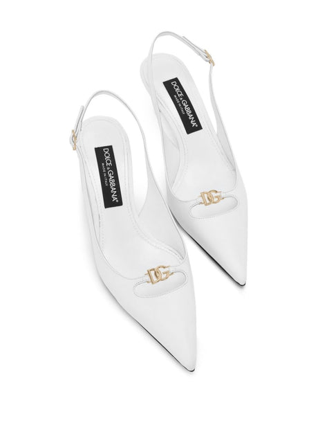 DOLCE & GABBANA Chic White Leather Slingback Pumps with Gold-Tone Accents