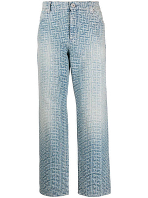 BALMAIN Light Blue Straight Cut Monogram Jeans for Men