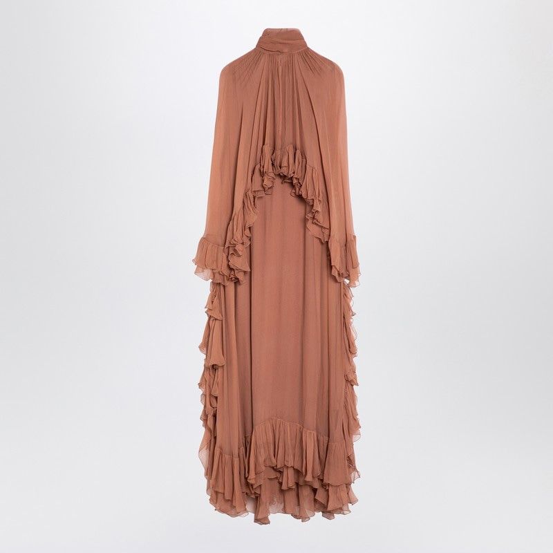 CHLOÉ Elegant Long Silk Dress with Copper Ruffles