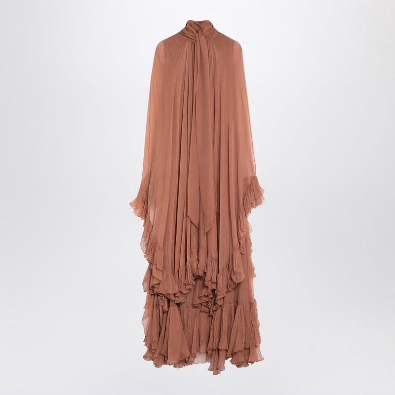 CHLOÉ Elegant Long Silk Dress with Copper Ruffles