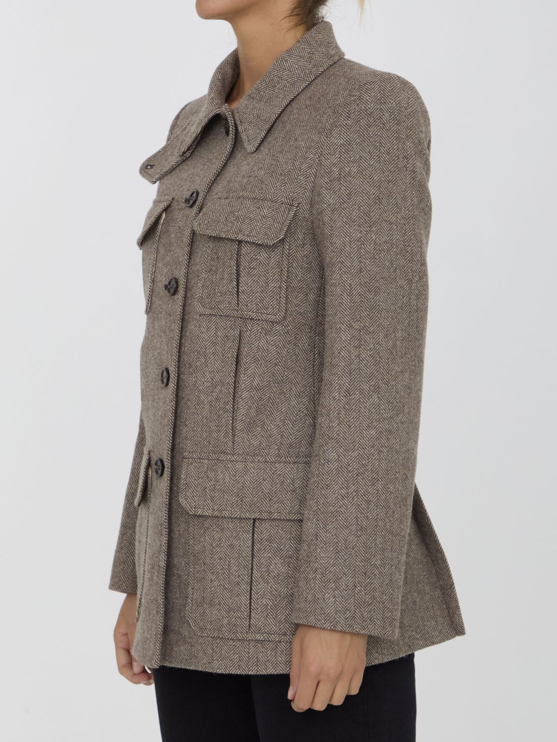 CHLOÉ Long Herringbone Wool Officer Jacket