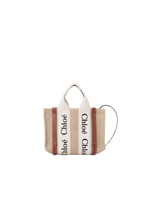 CHLOÉ Mini Woody Pink and White Crossbody Tote with Calfskin Details