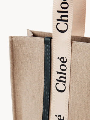 CHLOÉ Large Woody Canvas Tote in Beige with Blue Leather Accents and Logo Ribbon Detail