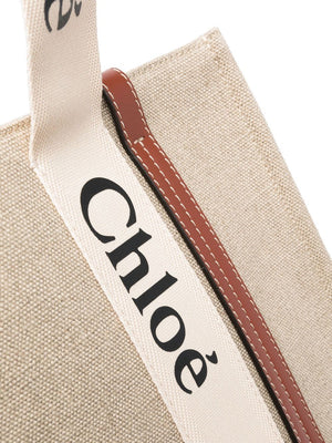 CHLOÉ WOODY CANVAS AND LEATHER Tote Handbag Handbag