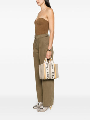 CHLOÉ Small Woody Gold Linen Tote Handbag for Women, Crossbody Shoulder Bag SS24