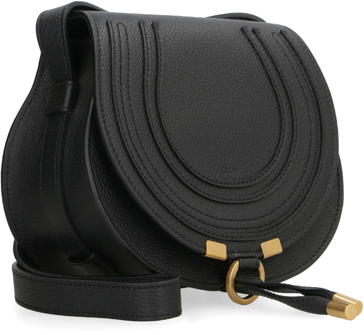 CHLOÉ Mini Marcie Black Leather Saddle Handbag for Women, 19x16x10 cm