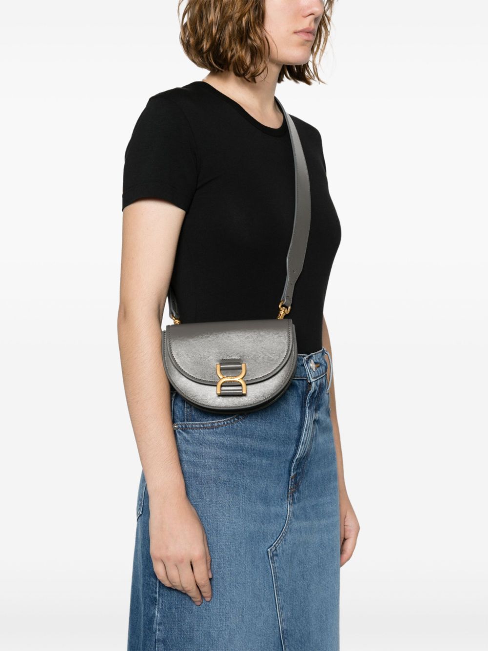 CHLOÉ Mini Marcie Black Leather Shoulder Bag with Gold-Tone Accents