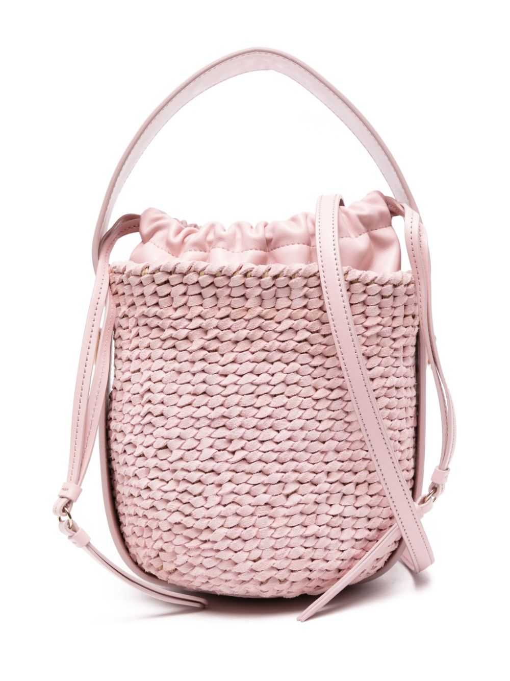 CHLOÉ Chic Pink Lambskin Suede Mini Bucket Bag with Embroidered Handle and Adjustable Strap