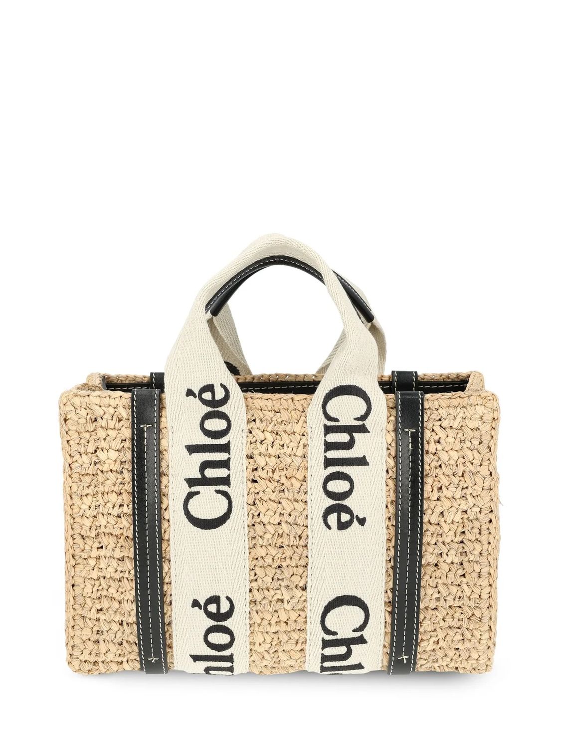 CHLOÉ Tan Woody Small Straw Tote Bag with Strap for Women SS24