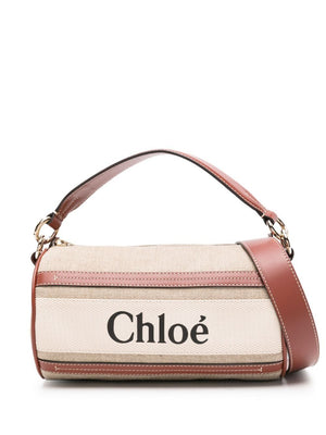 CHLOÉ WOODY LINEN AND LEATHER SHOULDER Handbag