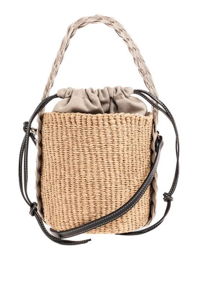 CHLOÉ Small Woody Pastel Grey Bucket Bag with Calfskin and Cotton Accents