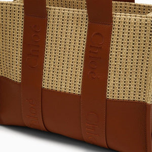 CHLOÉ Medium Caramel Raffia-Effect Woody Tote Bag with Leather Accents for Women