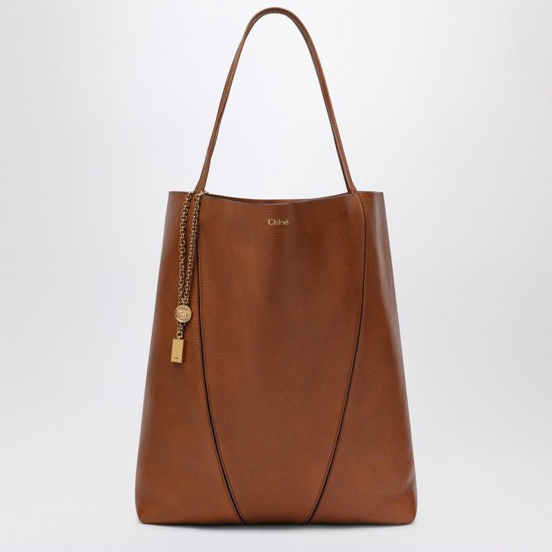 CHLOÉ Large Glossy Brown Grained Leather Tote Handbag