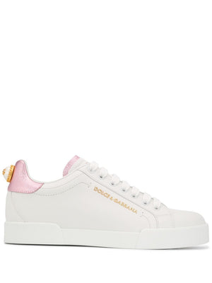 DOLCE & GABBANA White Leather Low-Top Sneakers with Metallic Heel Insert for Women