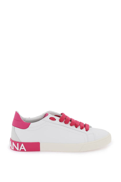 DOLCE & GABBANA White Leather Sneakers with Embossed Logo and Contrasting Heel Insert for Women