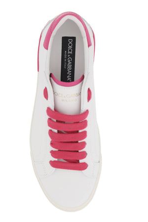 DOLCE & GABBANA White Leather Sneakers with Embossed Logo and Contrasting Heel Insert for Women