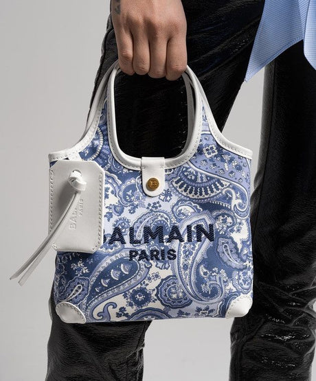 BALMAIN Women's Mini Tote Handbag in Pale Blue Cotton - SS24 Collection