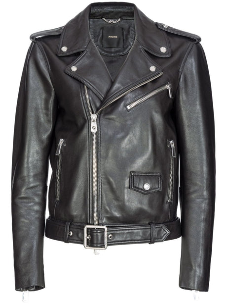 PINKO Women's Classic Black Leather Jacket with Epaulettes