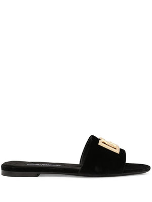 DOLCE & GABBANA Elegant Black Leather Sandals with Gold-Tone Accent