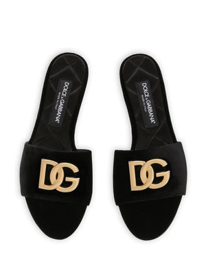 DOLCE & GABBANA Elegant Black Leather Sandals with Gold-Tone Accent