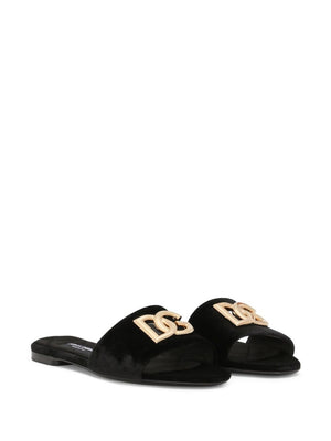 DOLCE & GABBANA Elegant Black Leather Sandals with Gold-Tone Accent