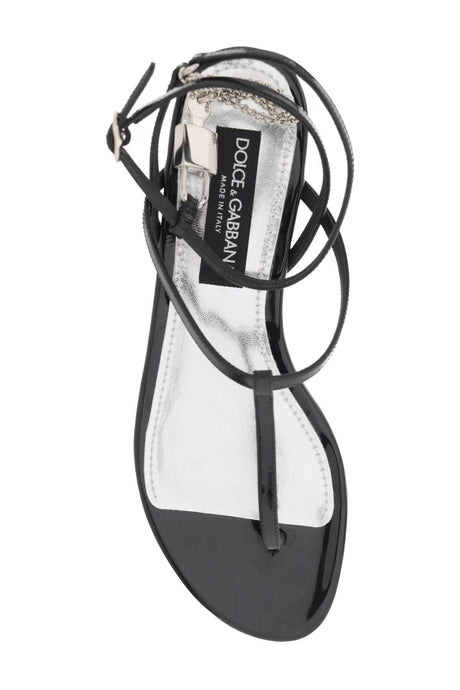 DOLCE & GABBANA Black Patent Leather Thong Sandals with Padlock for Women - SS24 Collection