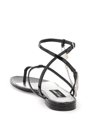 DOLCE & GABBANA Black Patent Leather Thong Sandals with Padlock for Women - SS24 Collection