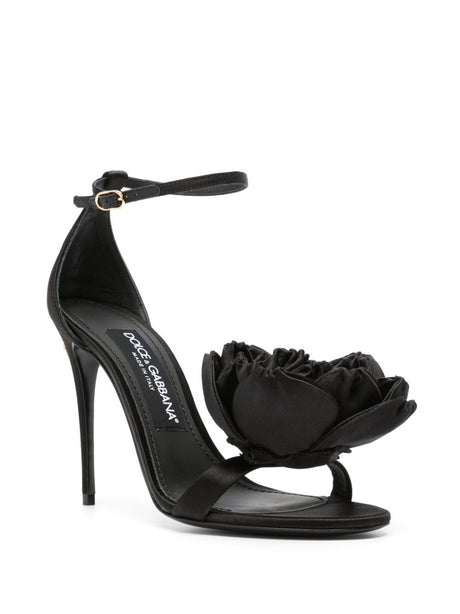 DOLCE & GABBANA Black Satin Heel Sandals with Floral Appliqué and Buckle Fastening Ankle Strap
