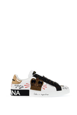 DOLCE & GABBANA Portofino Leather Sneaker with Embroidered Crown